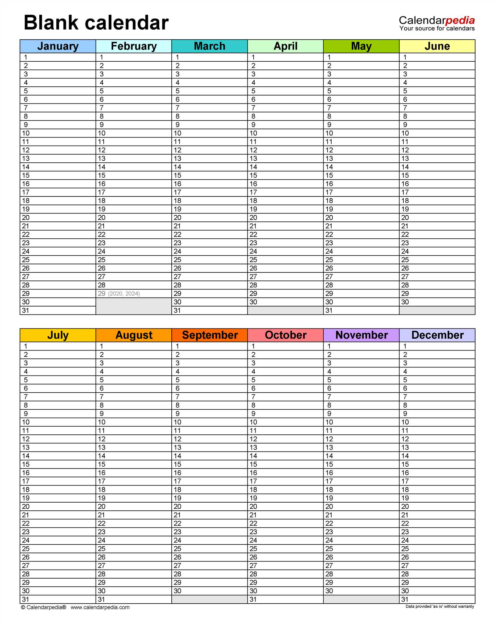 12 month calendar on one page template