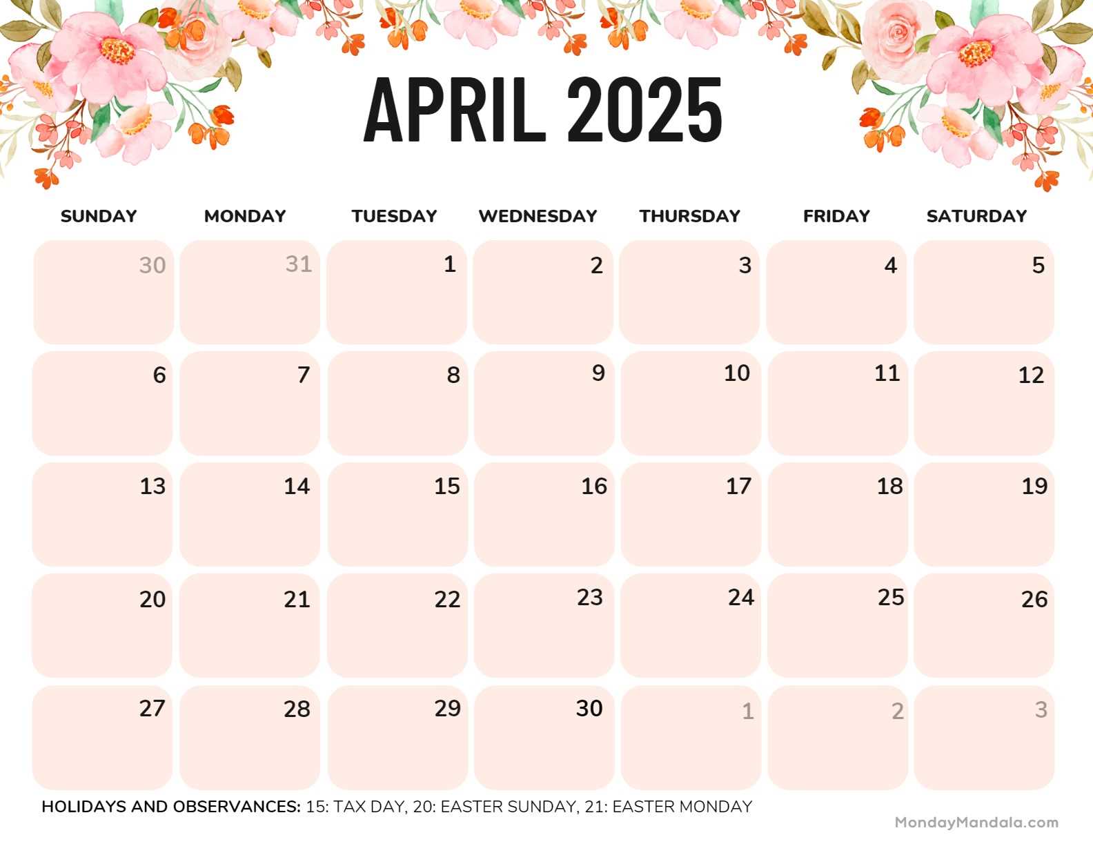 2025 calendar template april