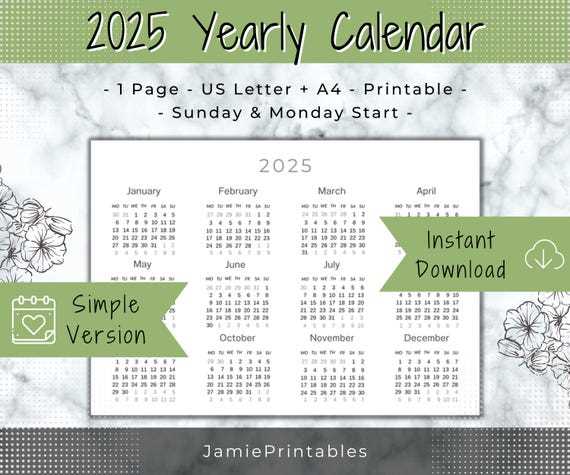 2025 year at a glance calendar template