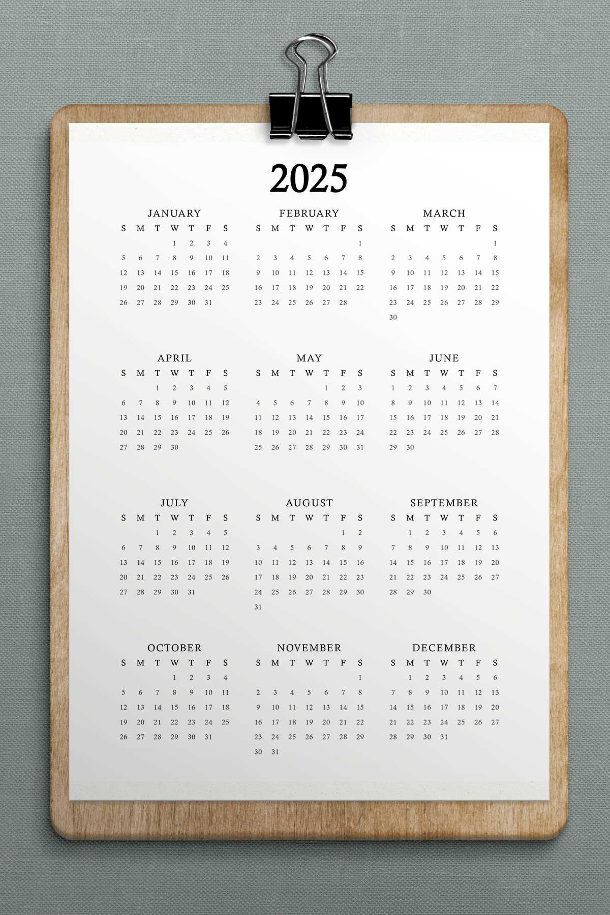 2025 year at a glance calendar template