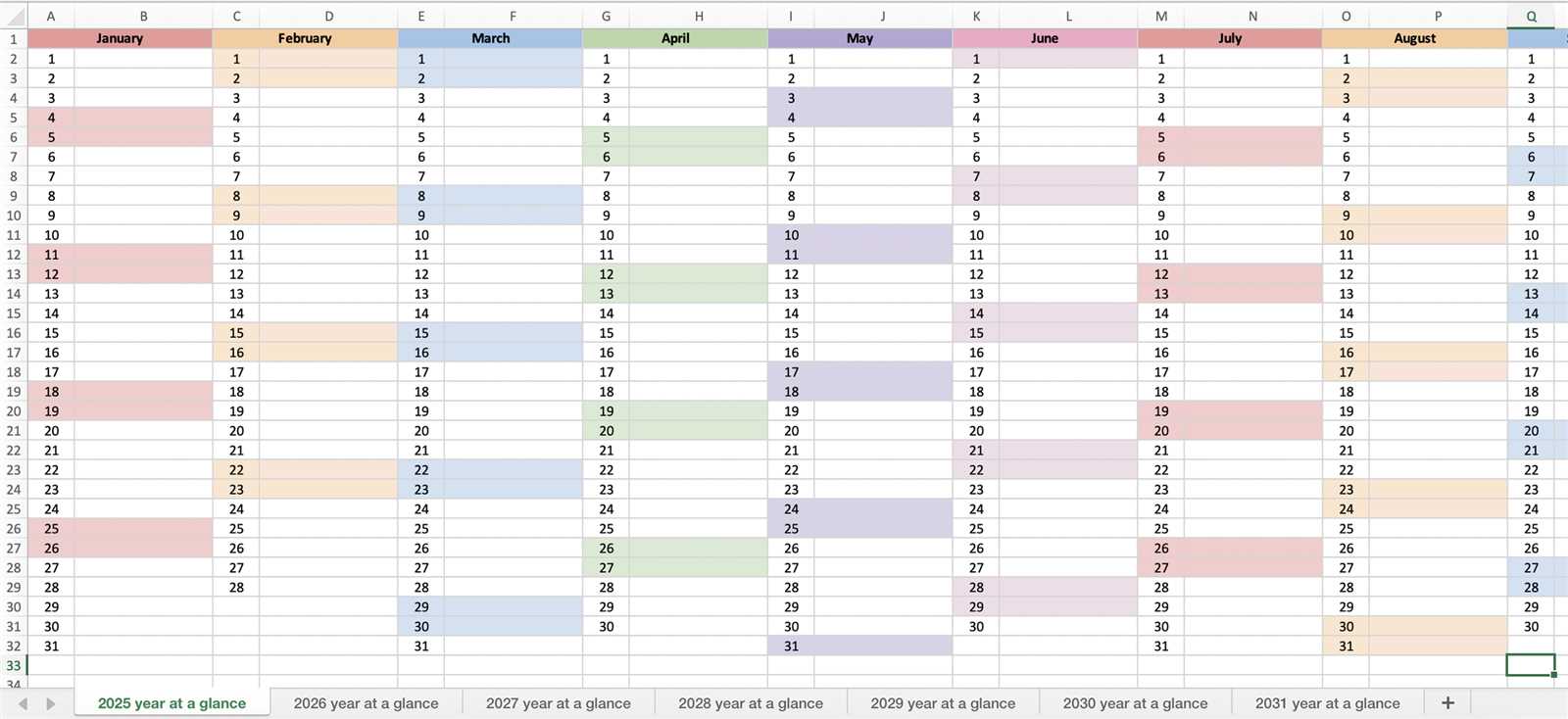 2025 year at a glance calendar template