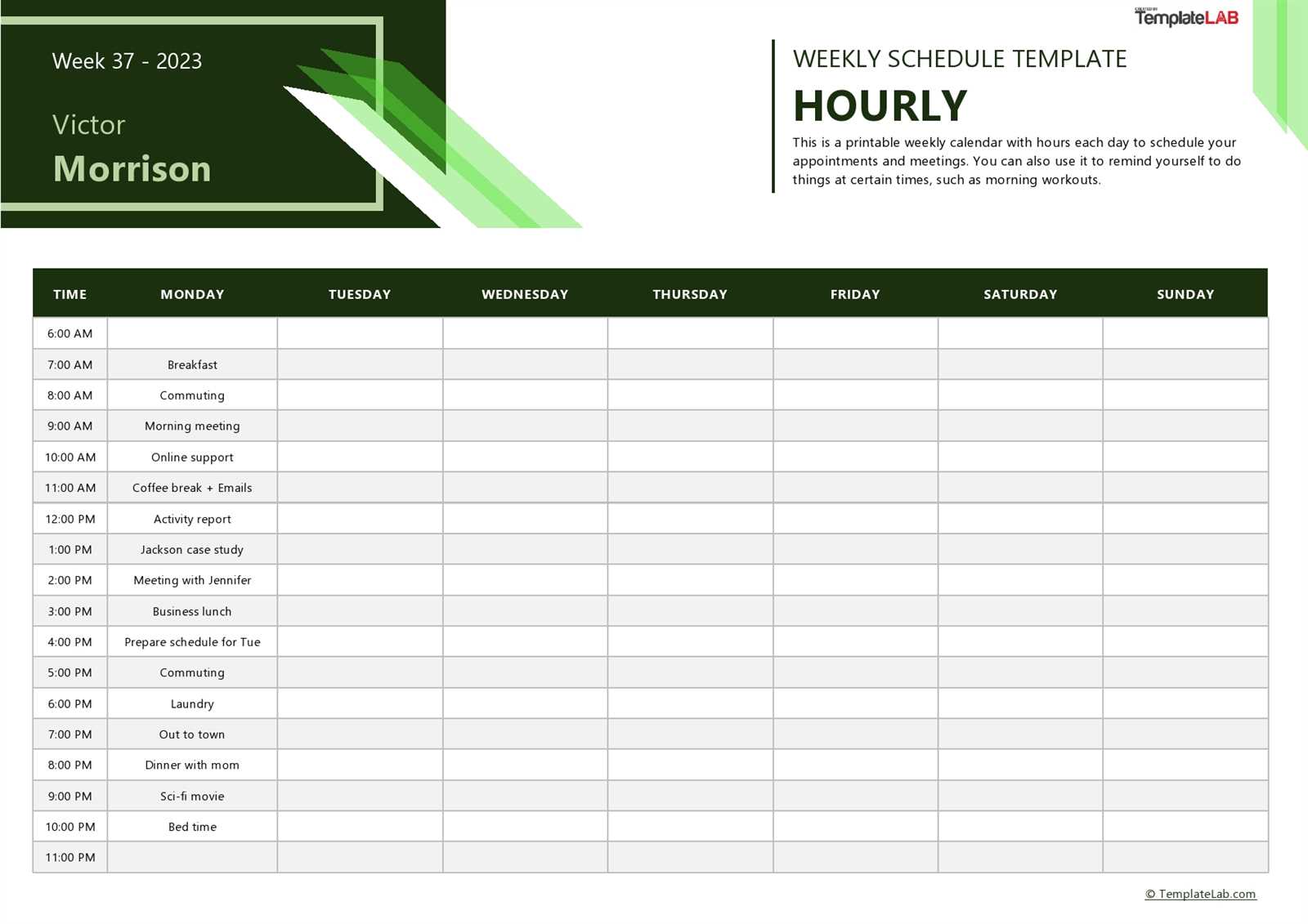 24 hour calendar template free