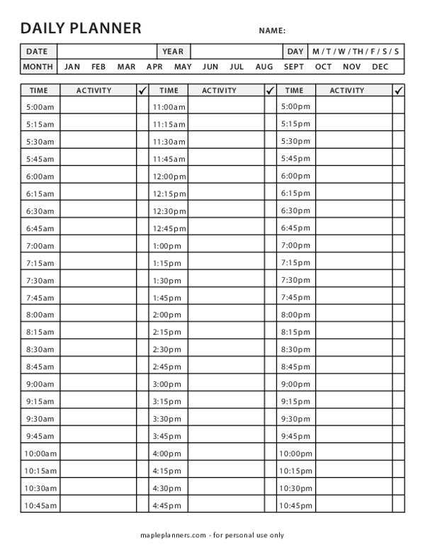 24 hour calendar template printable