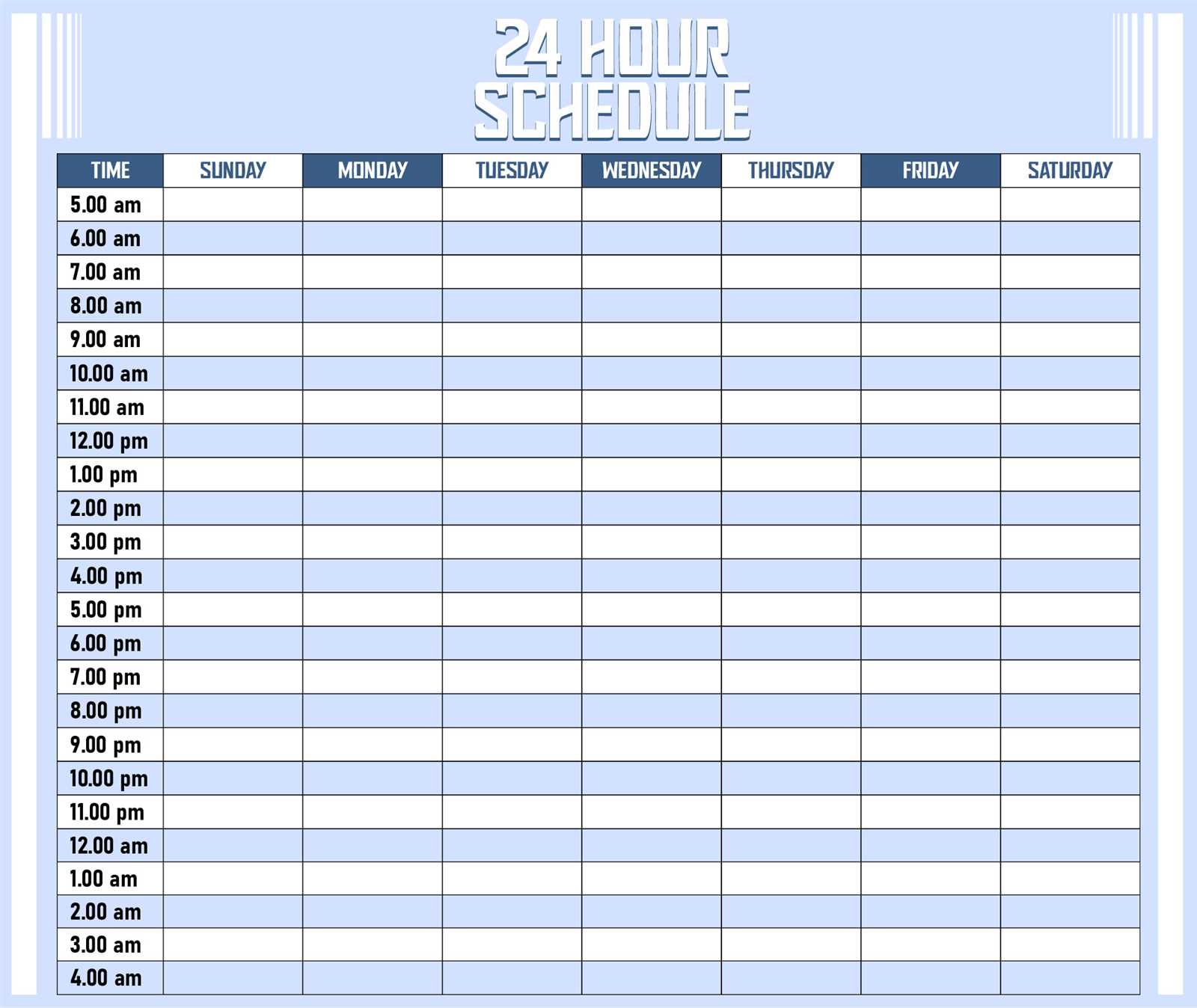 24 hour calendar template free