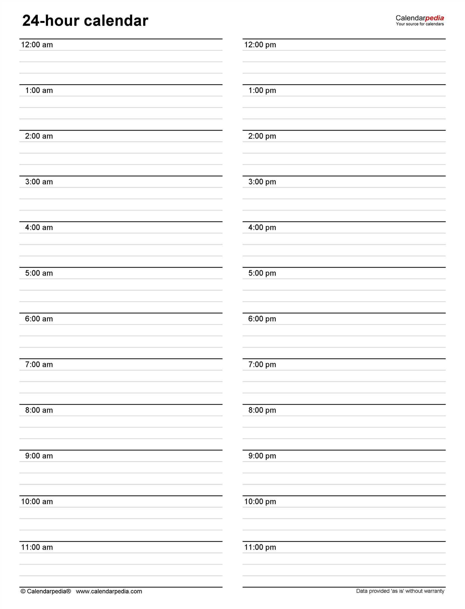 24 hour calendar template printable