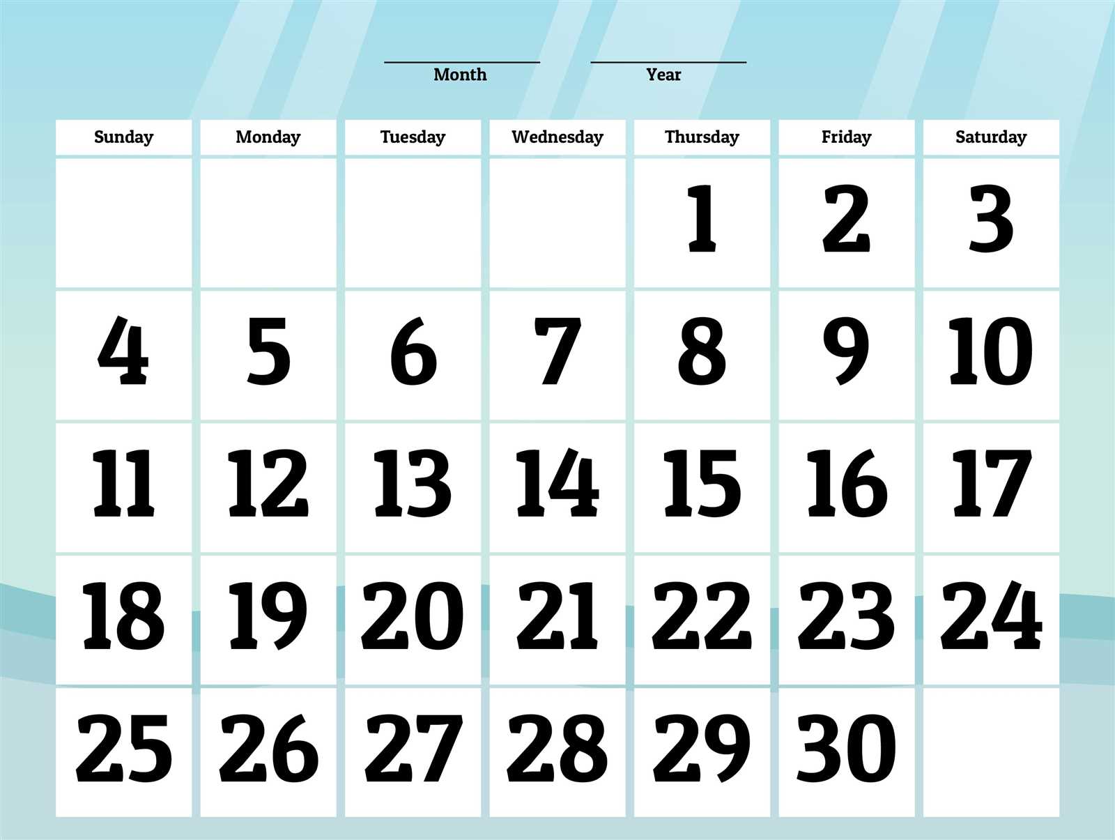 30 day calendar template free