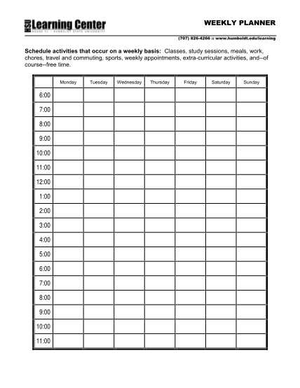 5 day work week calendar template