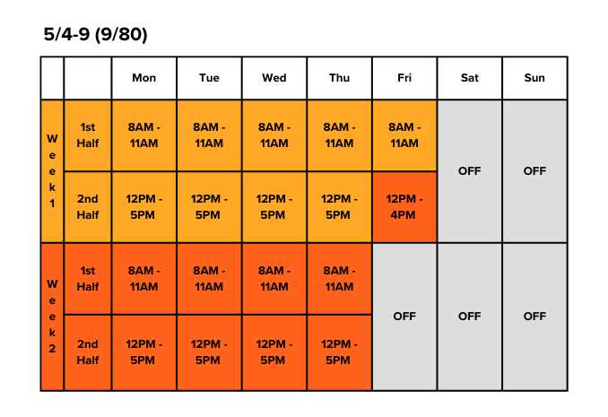 5 day work week calendar template