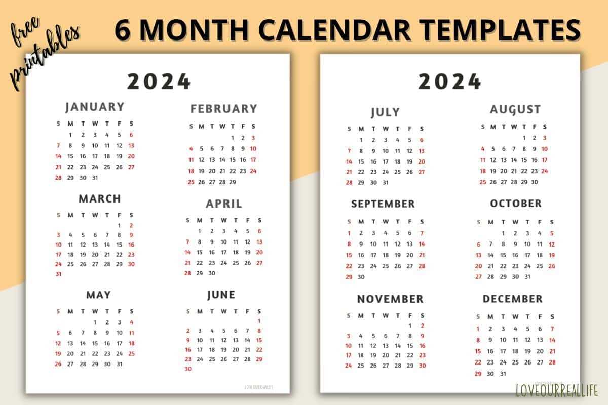 6 month calendar template free