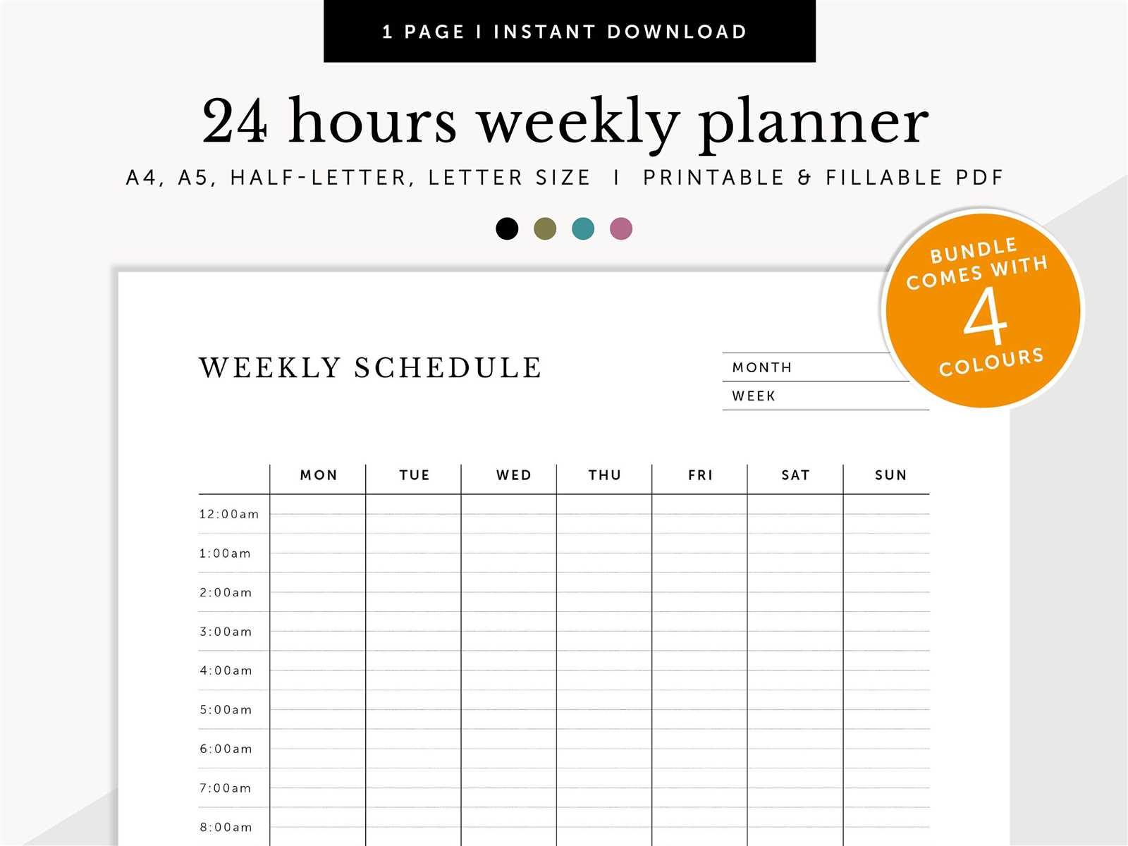 7 day 24 hour calendar template