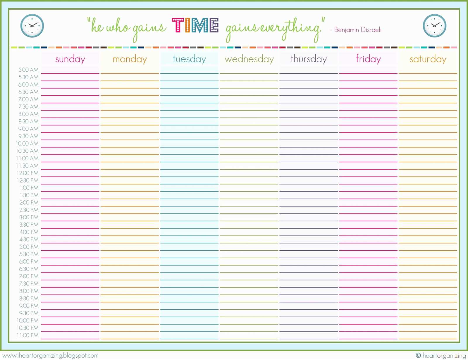 7 day 24 hour calendar template