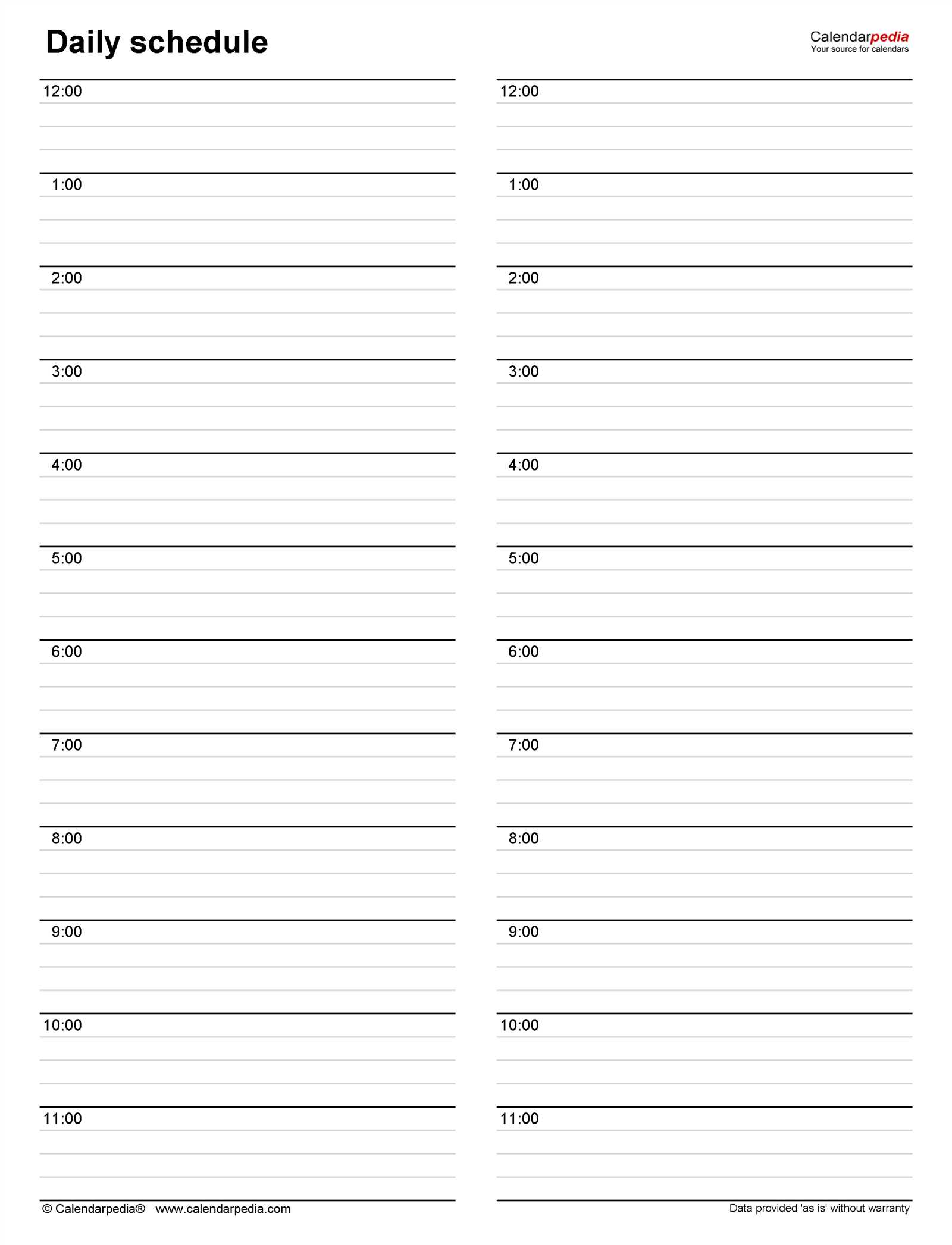 7 day 24 hour calendar template