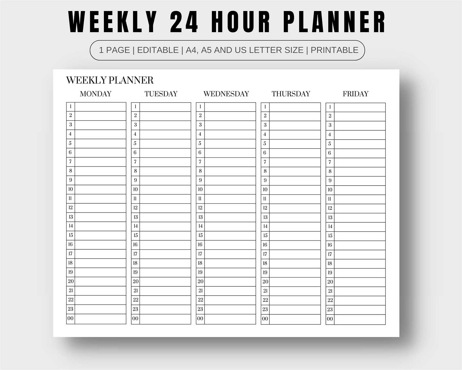 7 day 24 hour calendar template