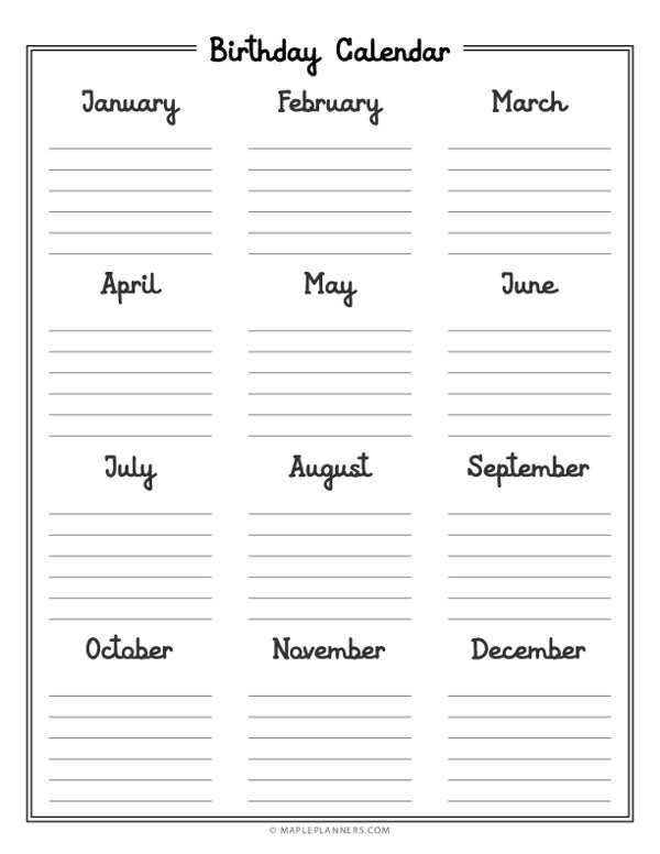 annual birthday calendar template free