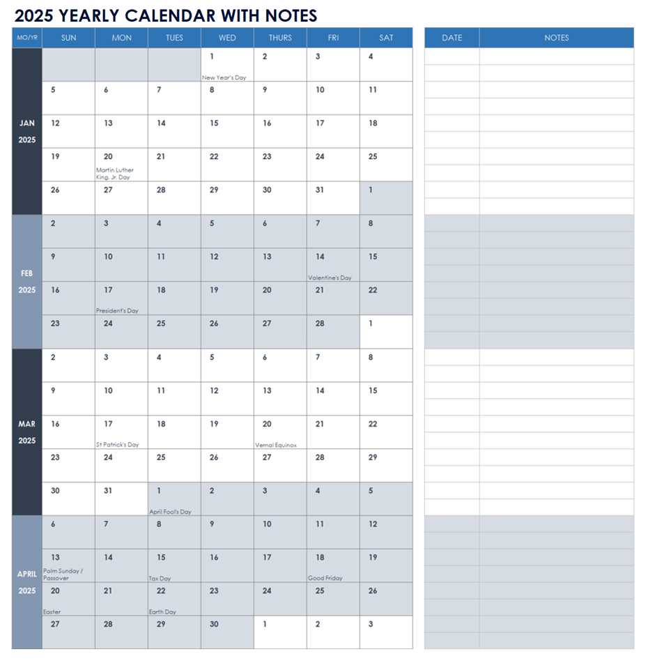 annual task calendar template