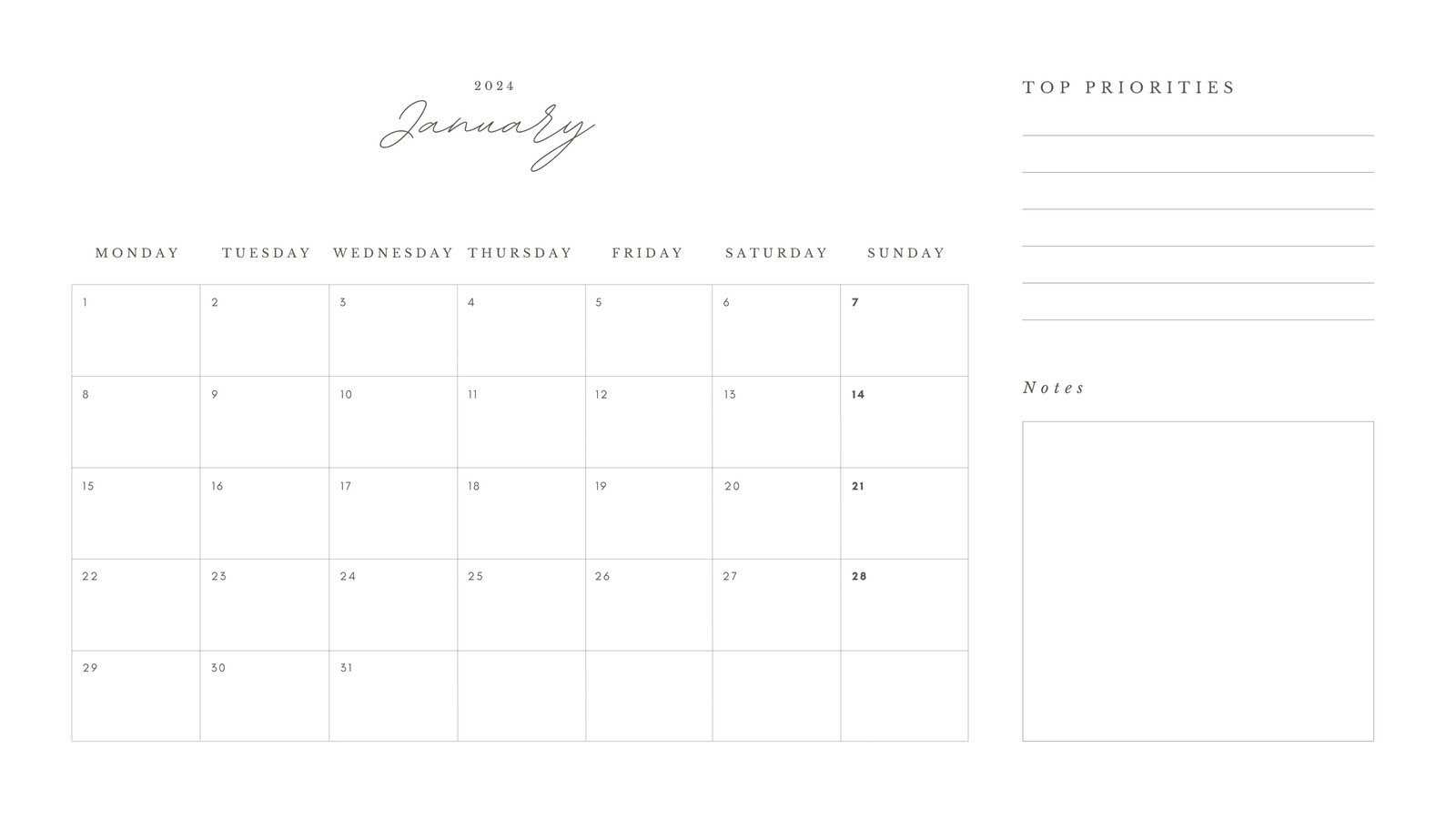 any year monthly calendar template