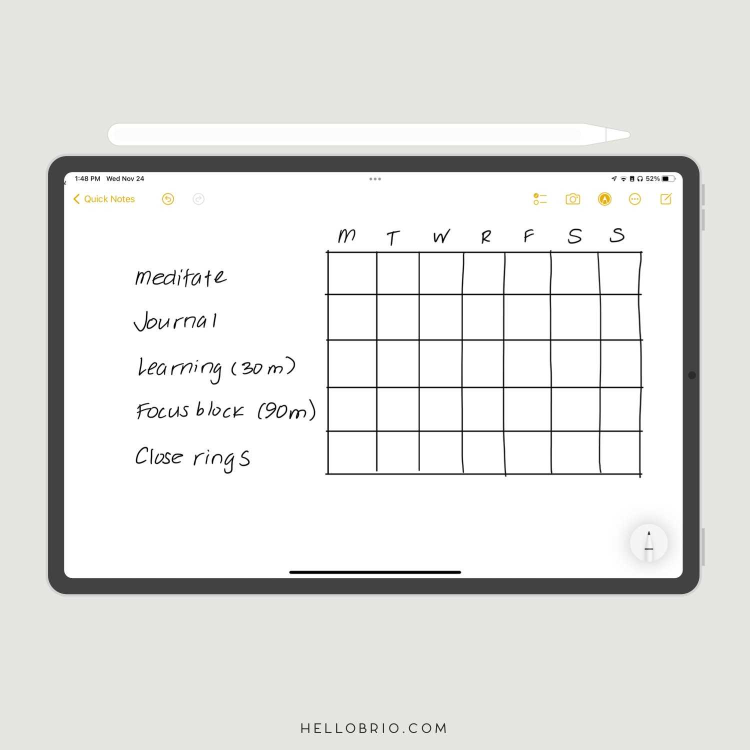 apple notes calendar template