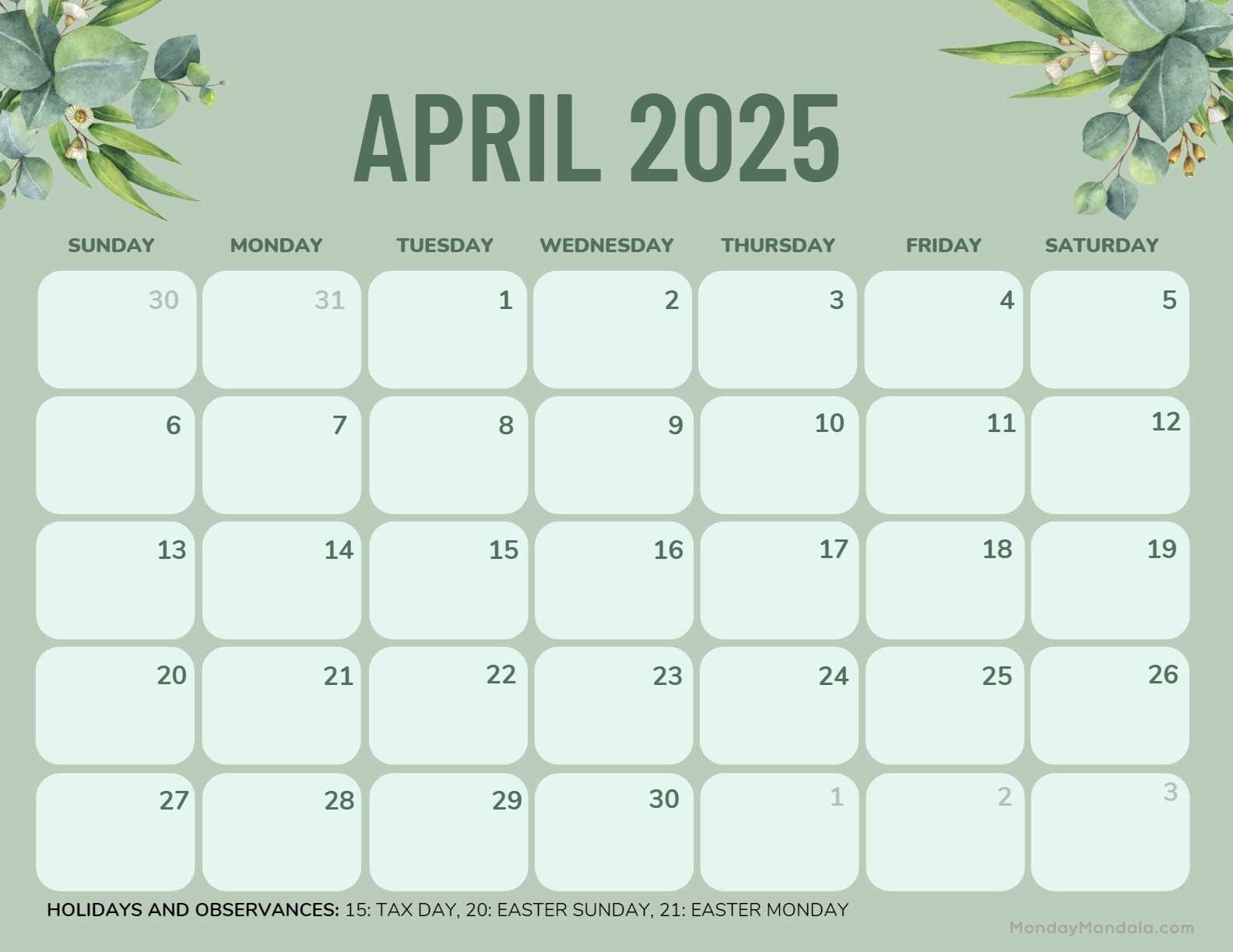 april calendar template 2025