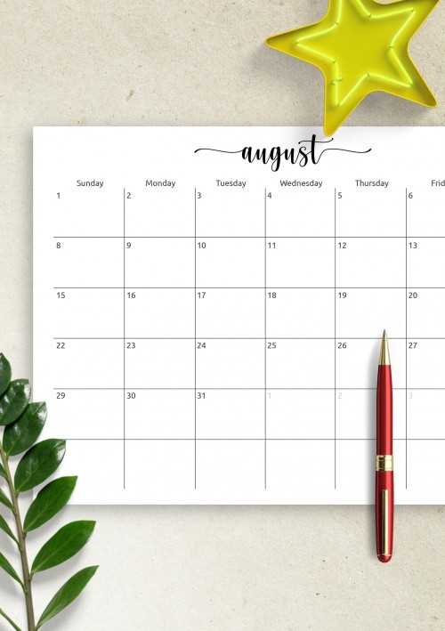 august monthly calendar template