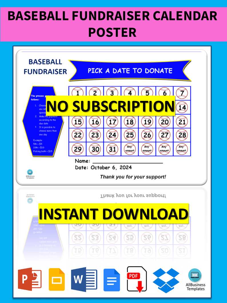 baseball fundraiser calendar template