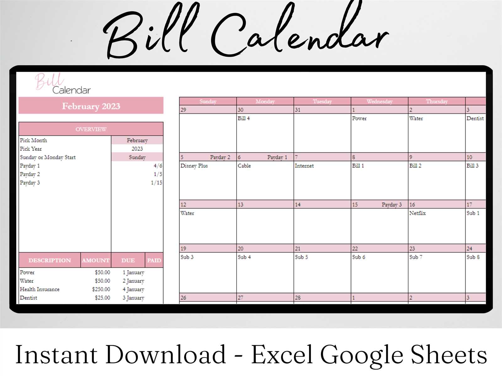 bill reminder calendar template