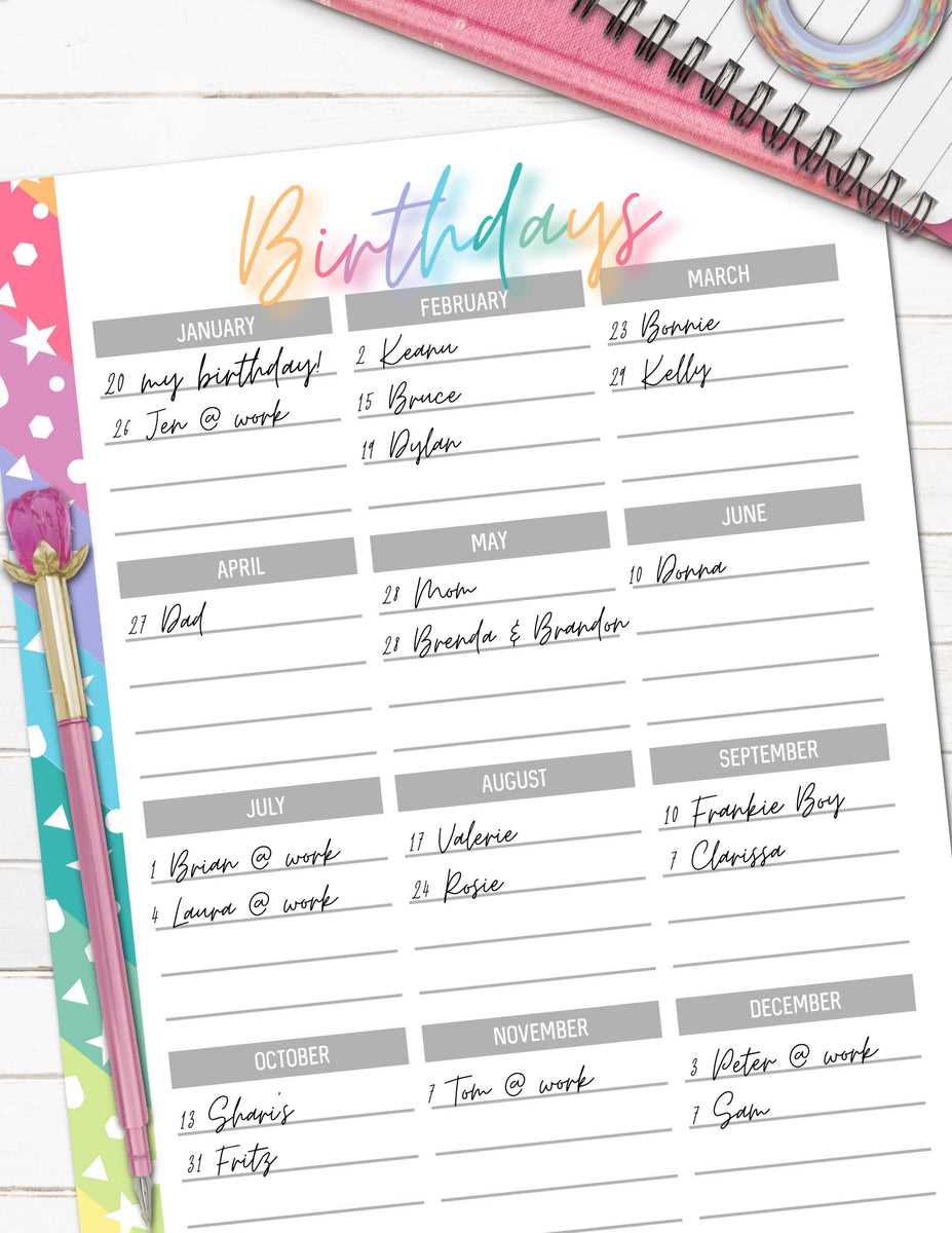 birthday calendar printable template