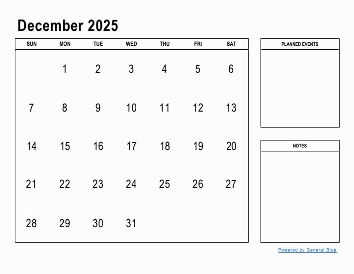 blank calendar template december 2025 printable