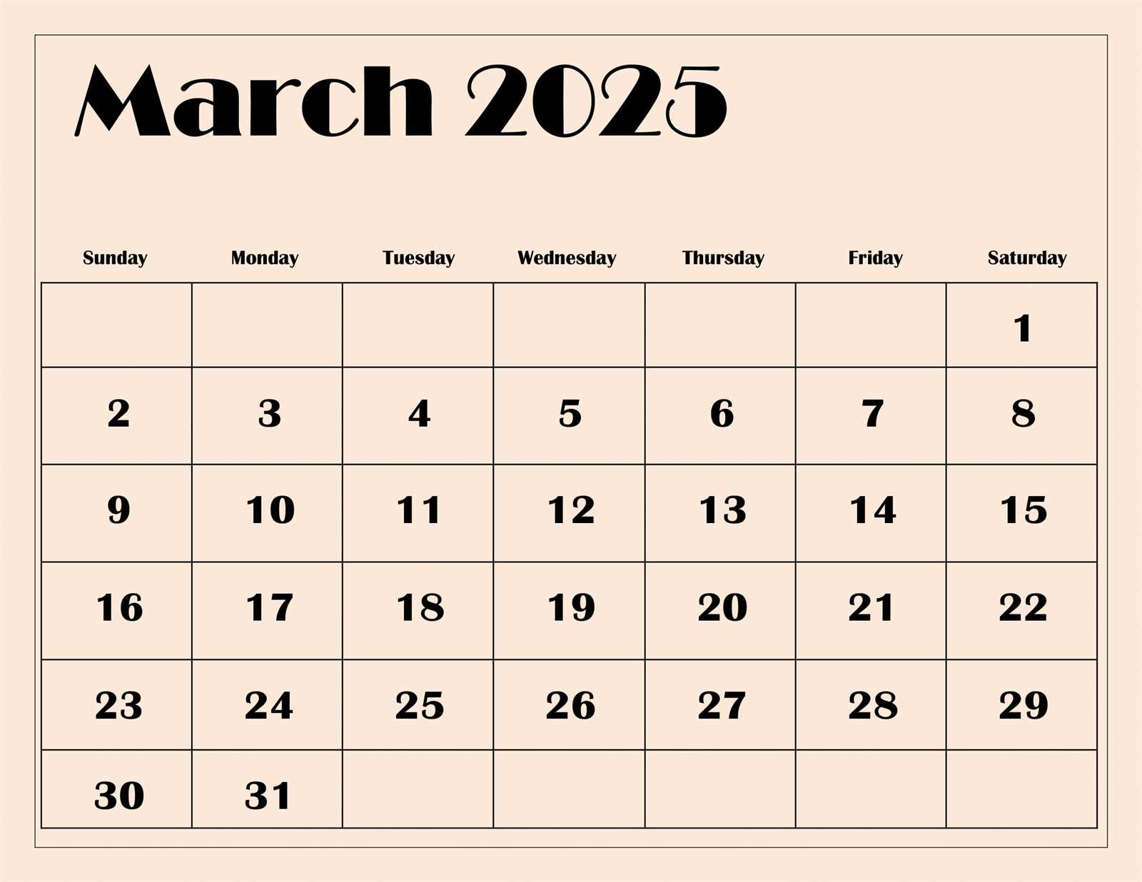 blank calendar template for march 2025