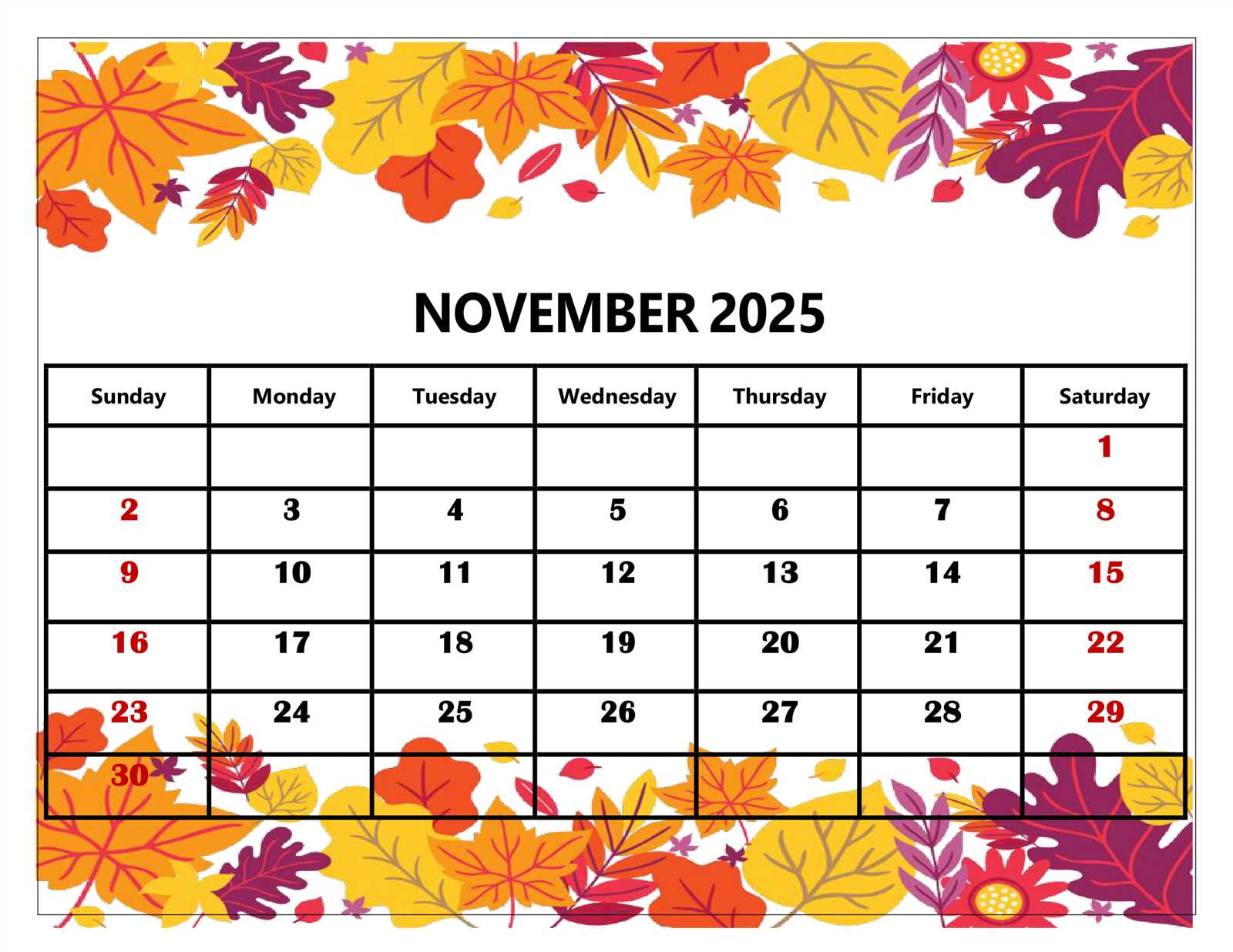 blank calendar template november 2025 printable