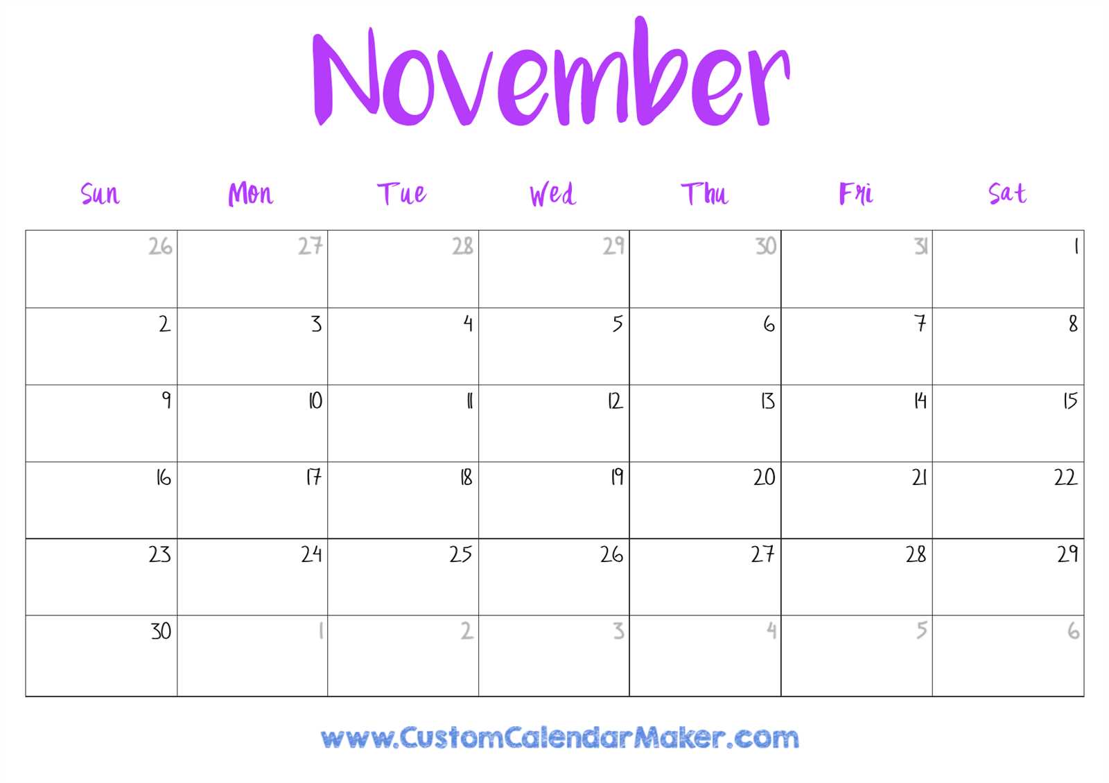 blank calendar template november 2025 printable