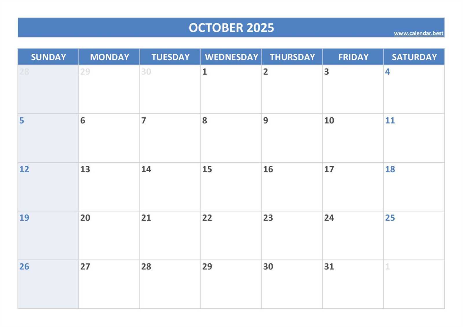 blank calendar template october 2025 printable