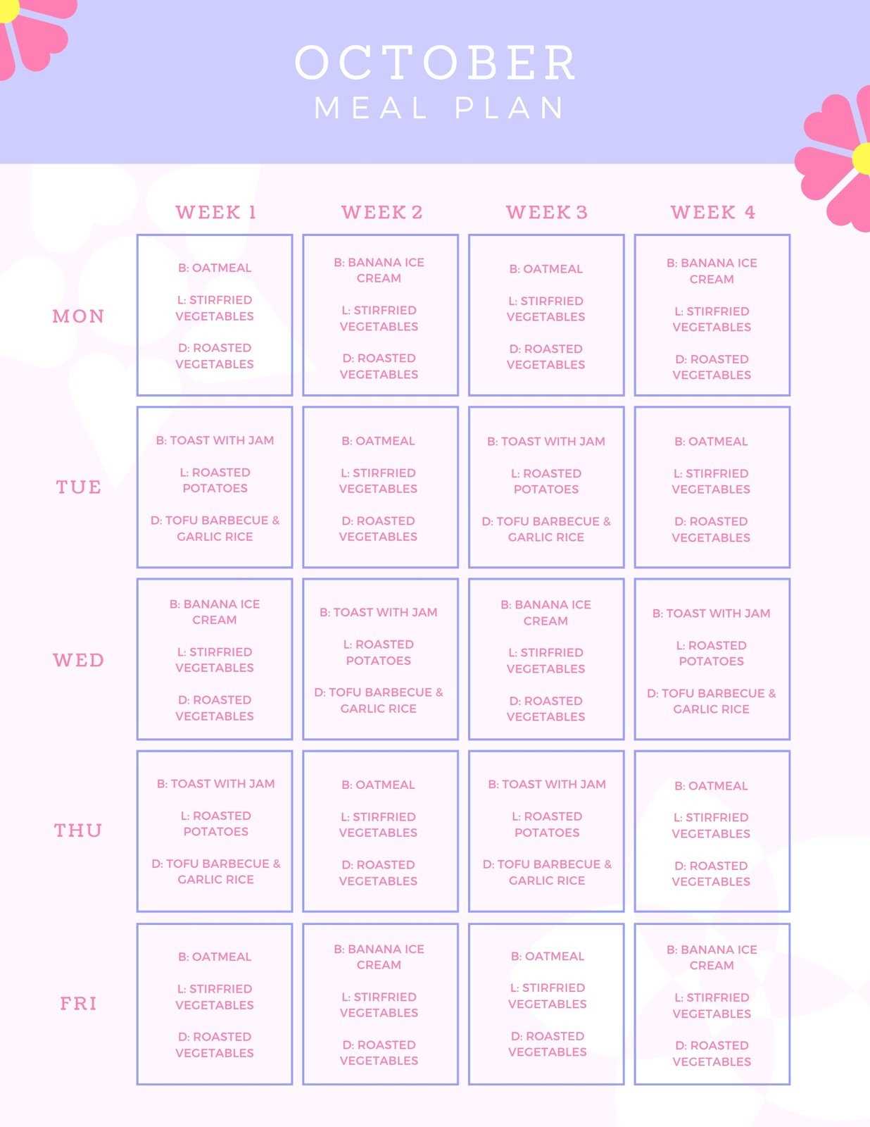 blank menu calendar template