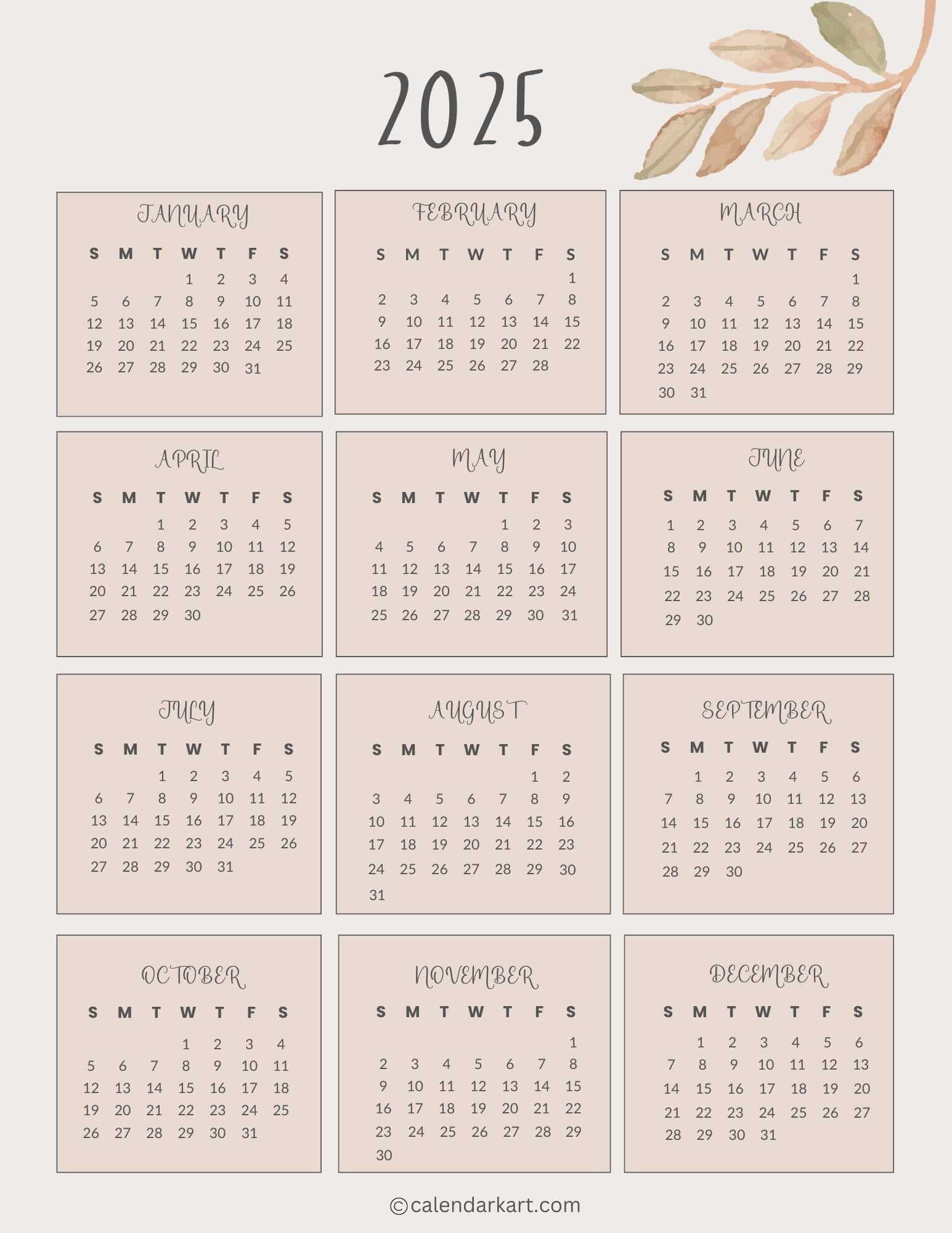 blank year calendar template 2025