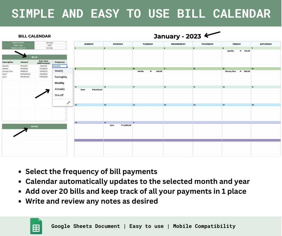 calendar for bills due template