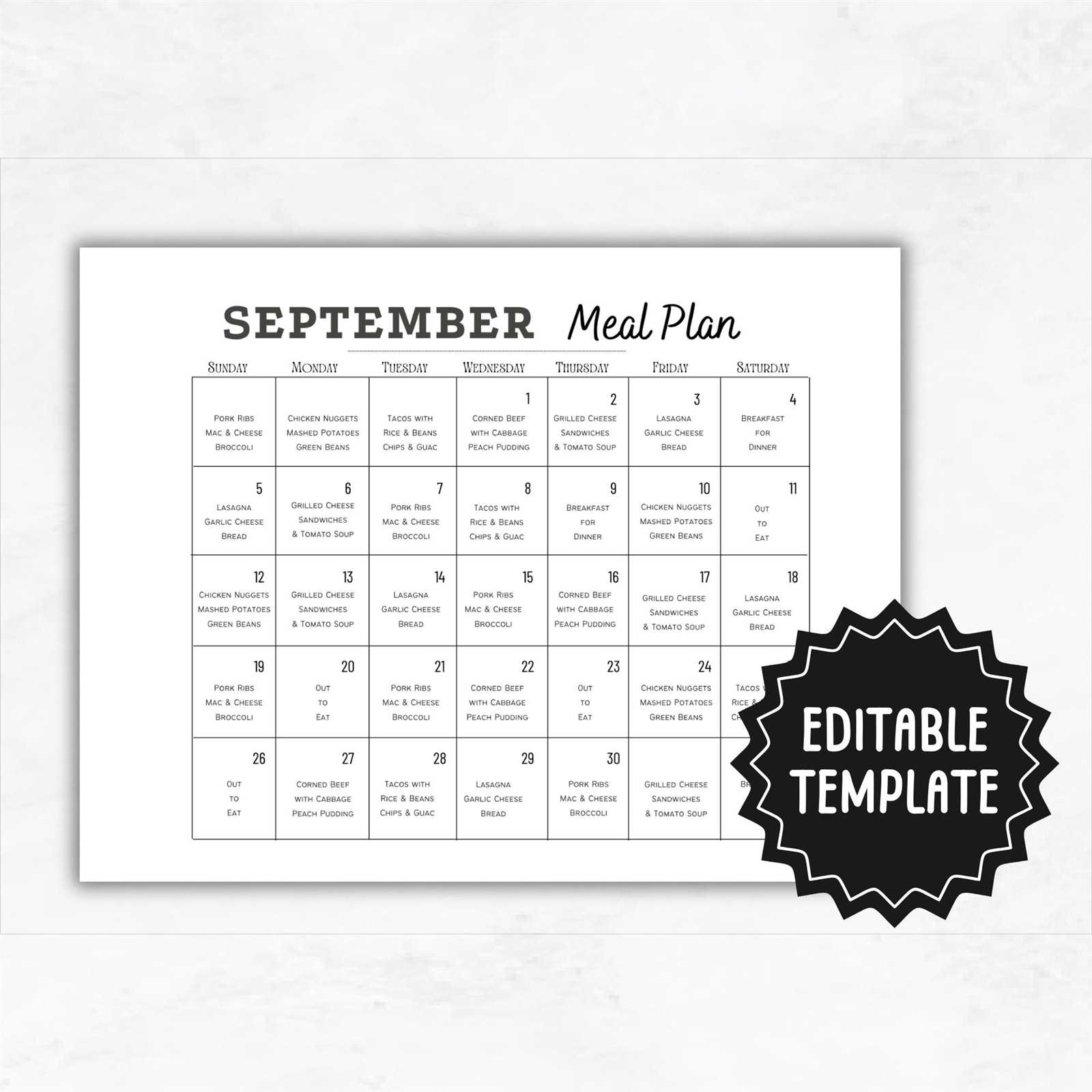 calendar meal plan template