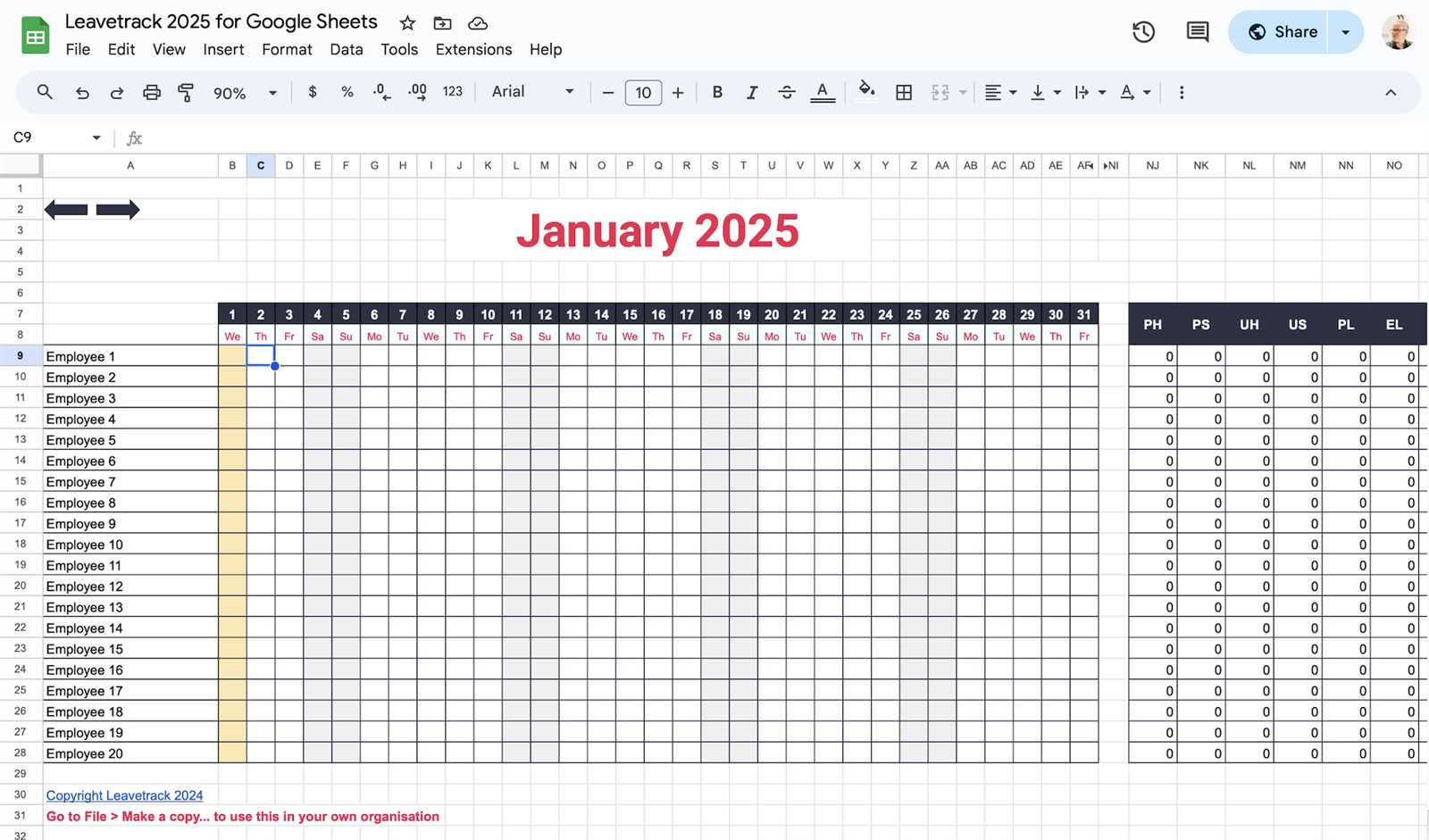 calendar template 2025 sheets