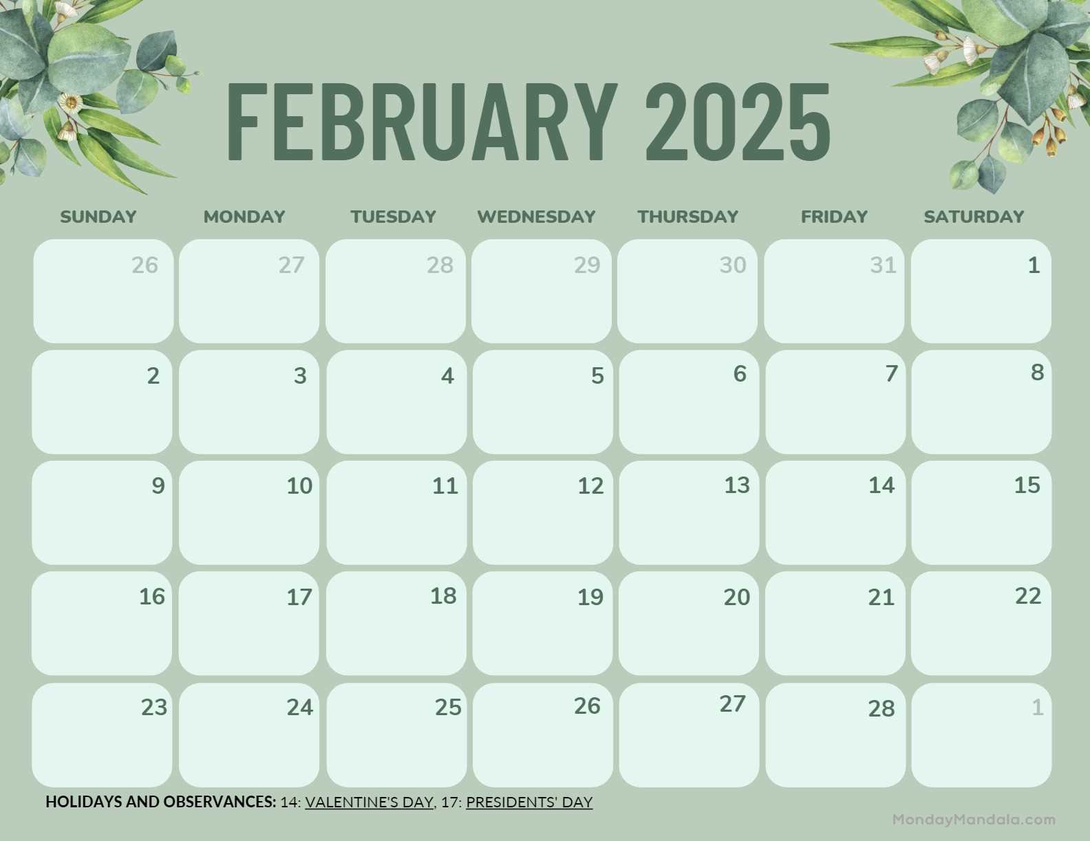 calendar template for february 2025