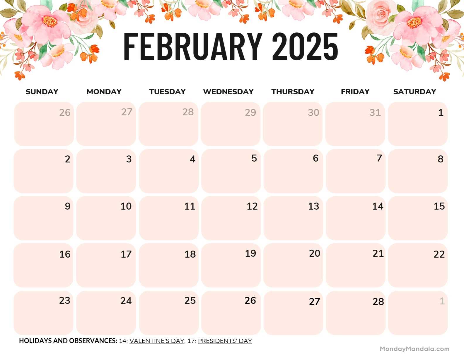 calendar template for february 2025