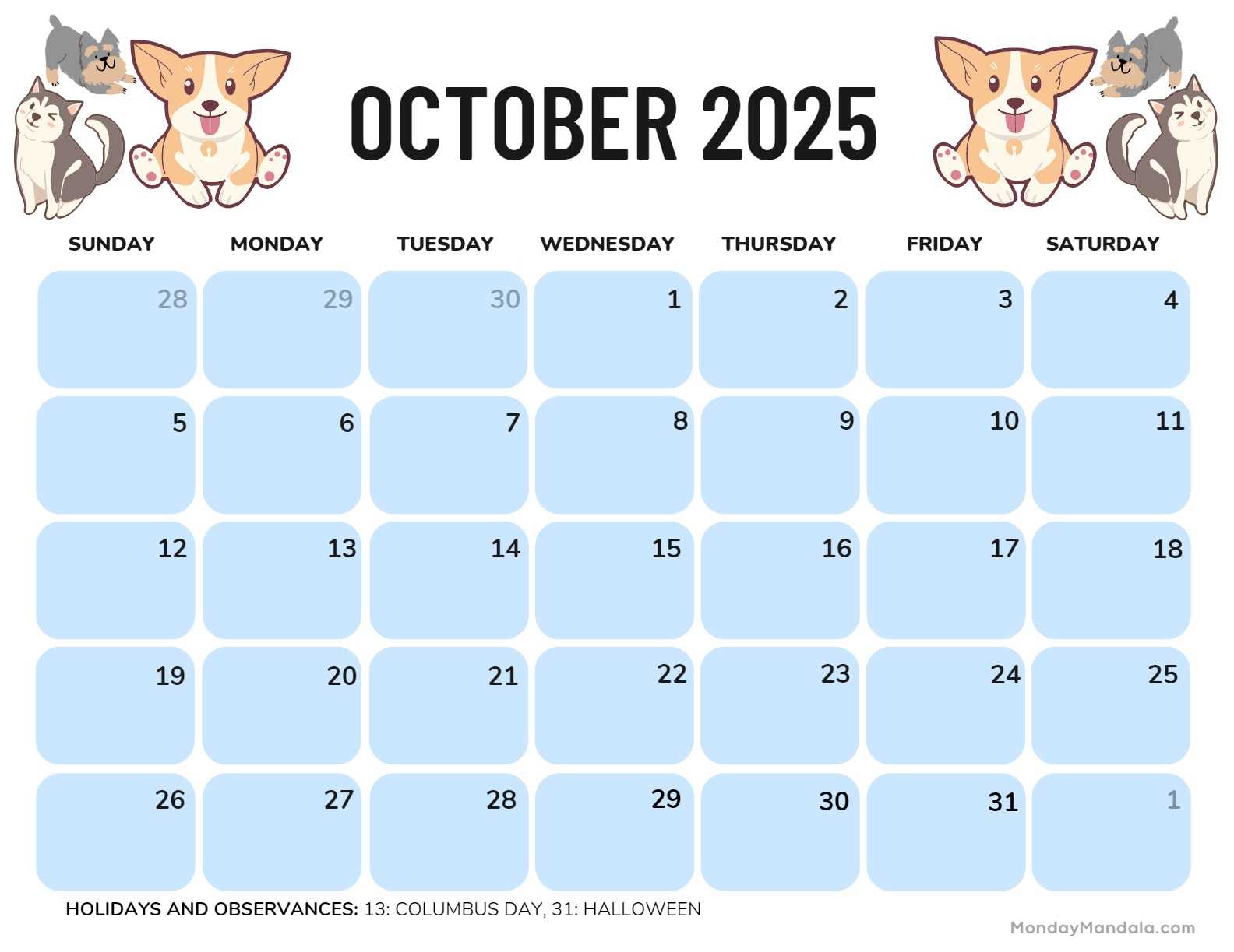 calendar template for october 2025