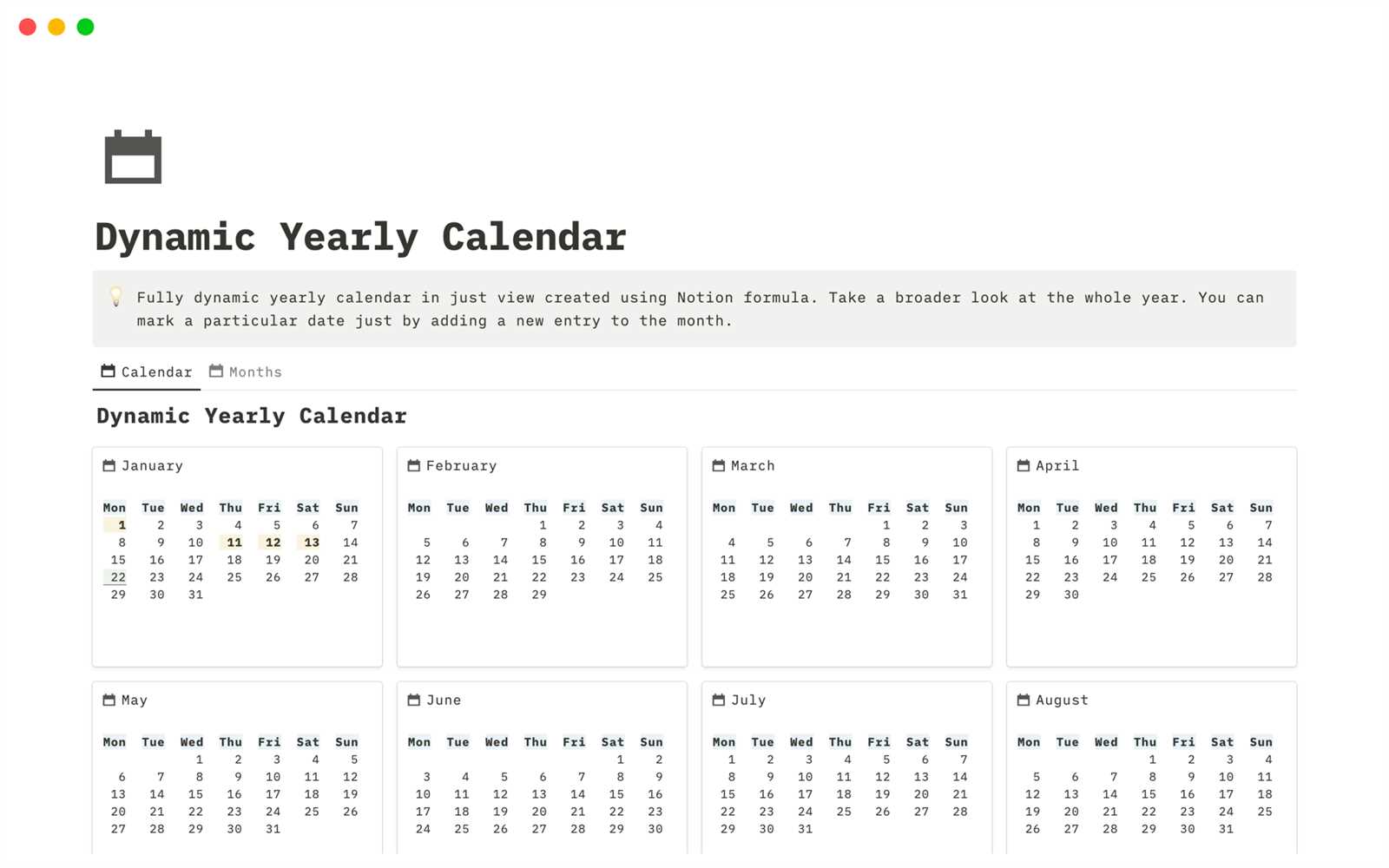 calendar template notion