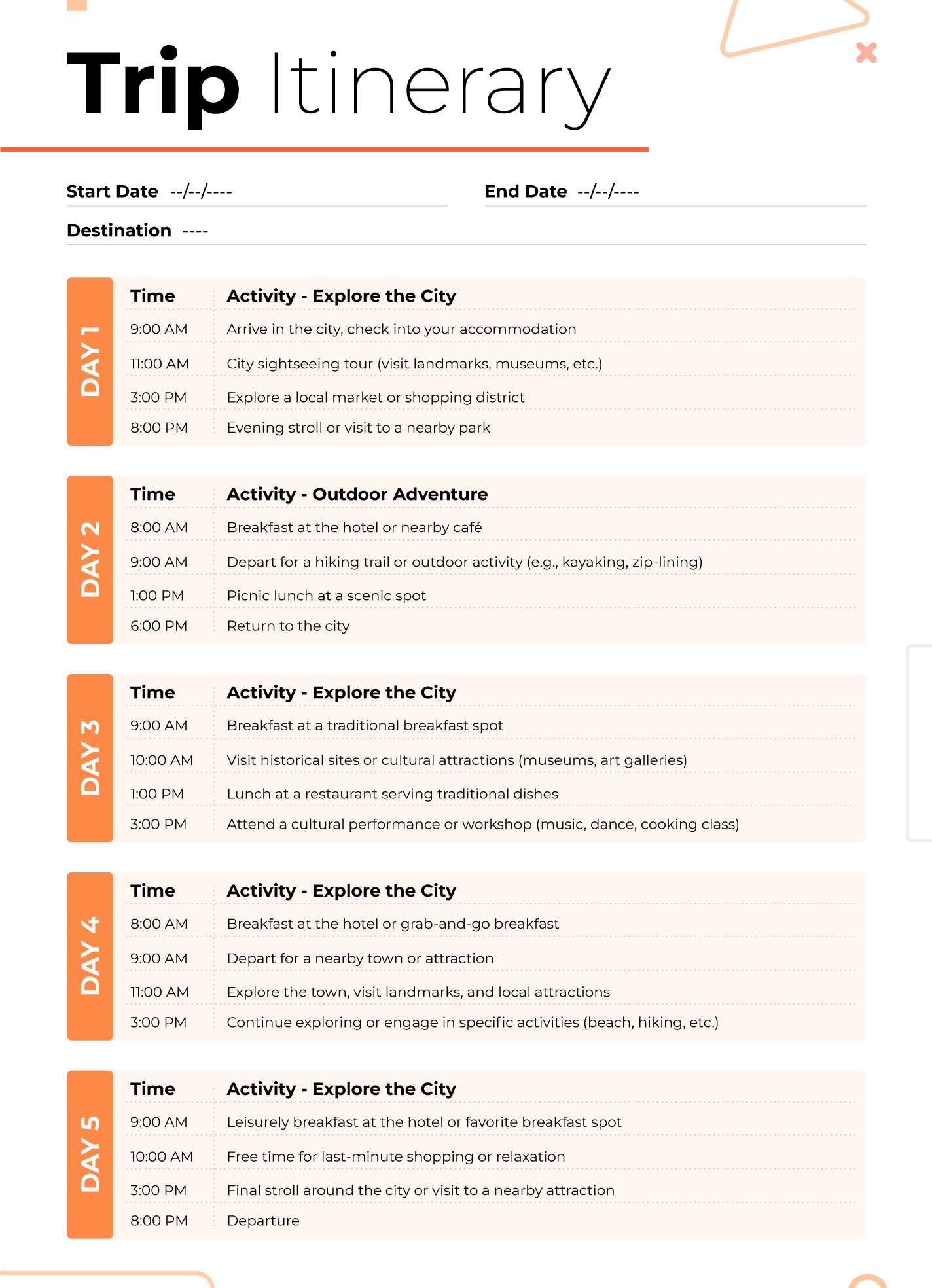 calendar travel itinerary template