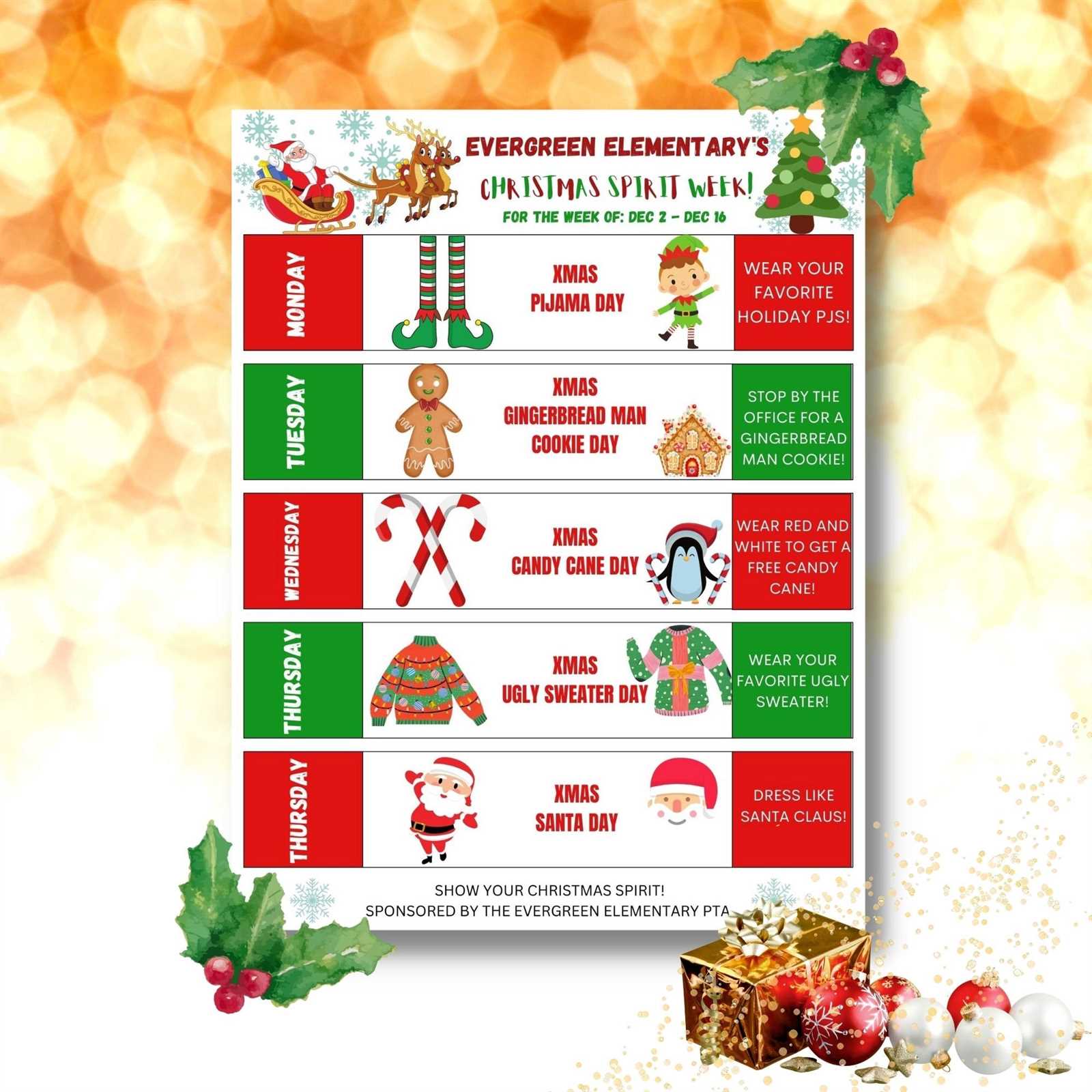 christmas spirit week calendar template