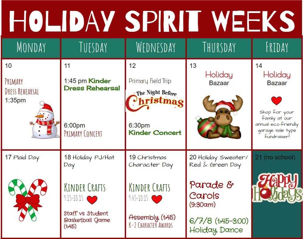 christmas spirit week calendar template