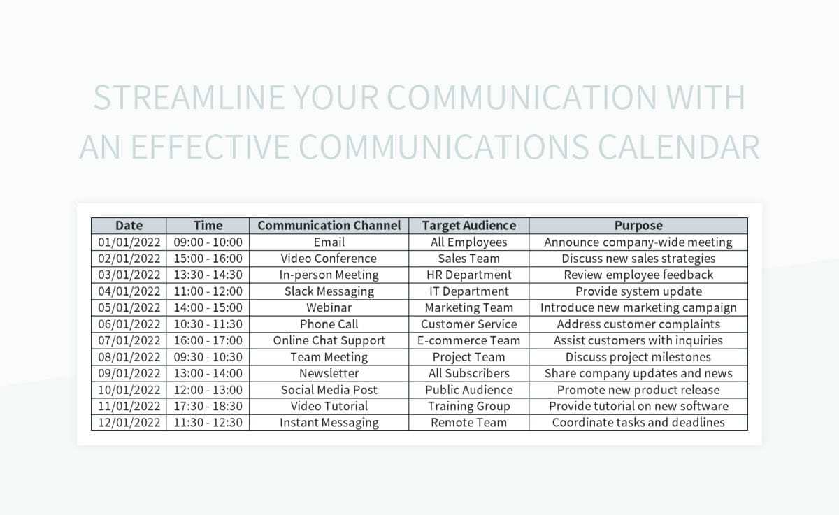 communication calendar template