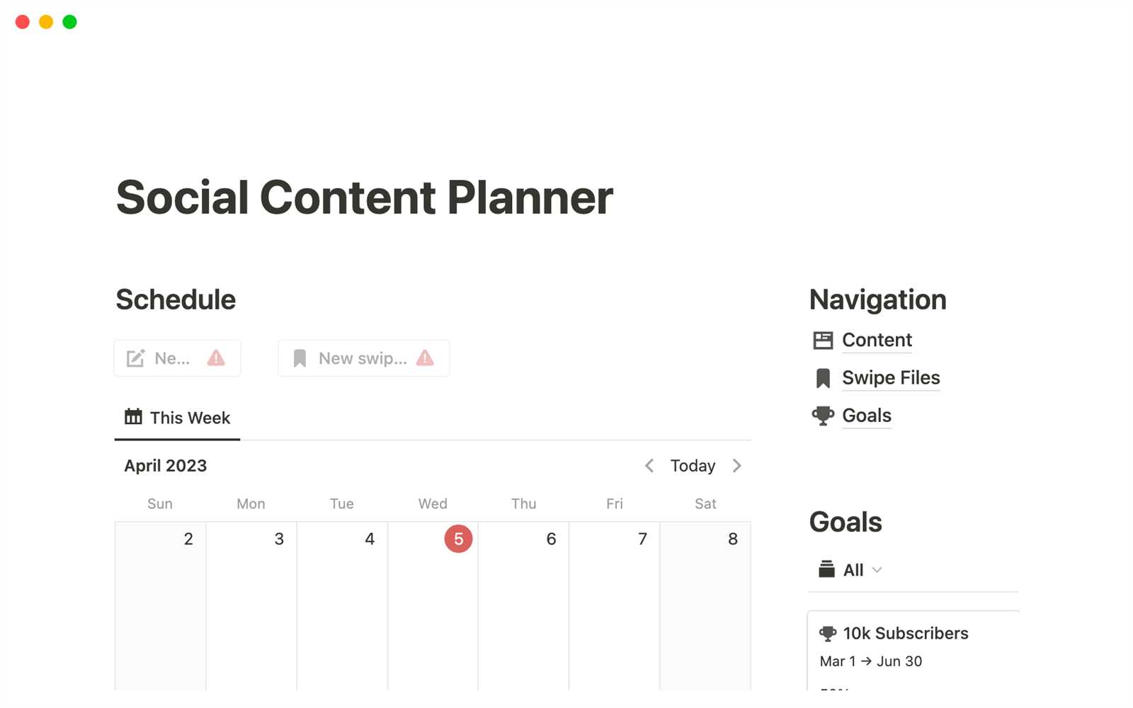 content calendar notion template