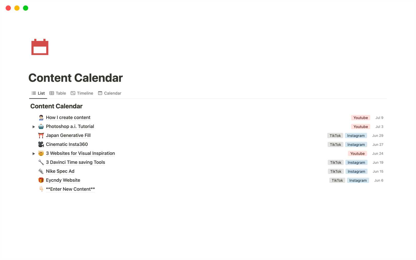 content calendar notion template