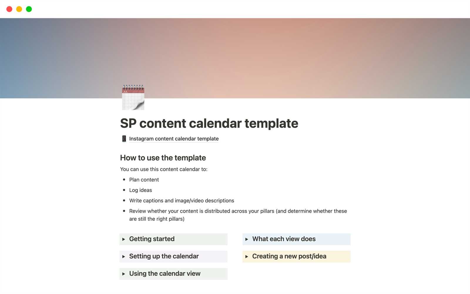 content calendar notion template