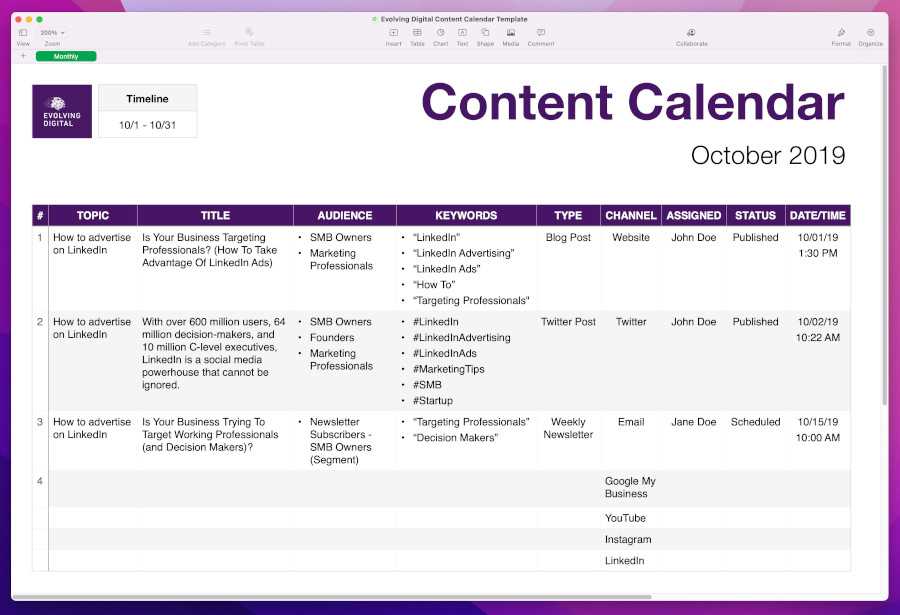 content creation calendar template