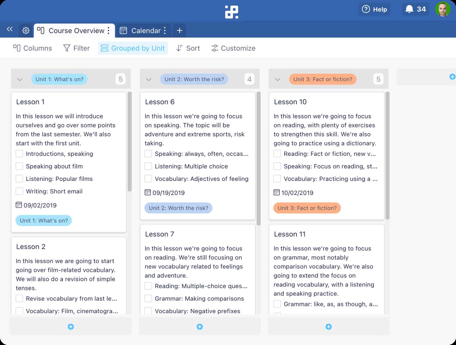 course calendar template