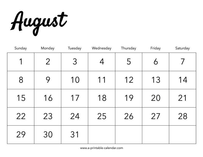 cute august calendar template